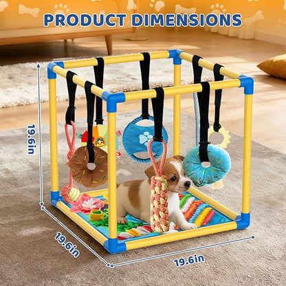 Puppy Play Gym with Snuffle Mat & 8 Hanging Toys Indoor Play Gym Interactive Dog Toys for Boredom Enrichment Activity for Small Dog PVC Frame Stretchy Rope with Velcro (19.6 x 19.6 x 19.6 inch)