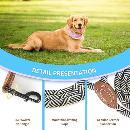 Mile High Life Short Leash for Large Dogs, Short Dog Rope Leash with Heavy Duty Metal Sturdy Clasp, Genuine Leather Tailored Connection(White, 18 Inch)