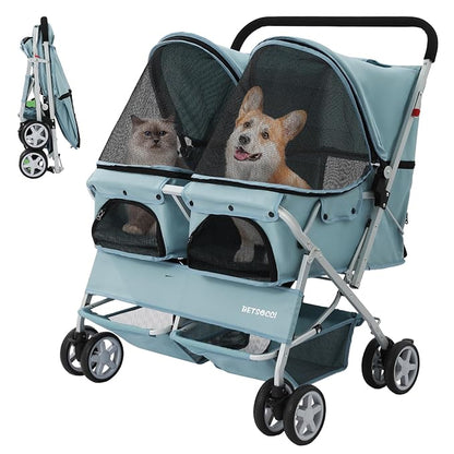Double Pet Stroller for 2 Small Dogs & Cats, Side-by-Side Twin Travel Carriage with Safety Leashes, Mesh Windows & Double Storage Baskets, Lightweight & Foldable, 44lbs Capacity, Light Blue