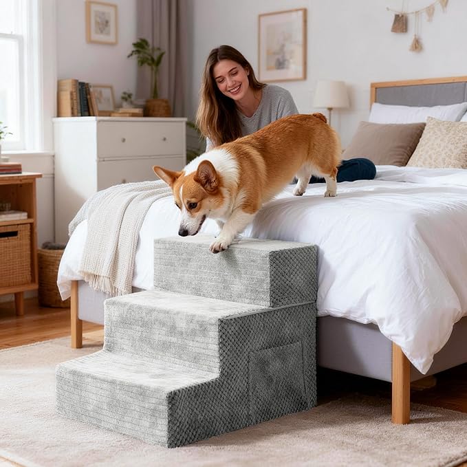Dog Stairs for Small Dogs, 3-Step Dog Ramp for Bed 13.7" H, Dogs Steps for Bed, Couch, Pet Stairs with Non-Slip Bottom Design,High Density Foam Portable Pet Steps, Light Grey