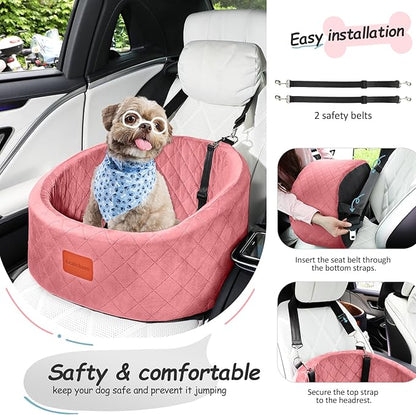 Lealchum Dog Car Seat for Small Dogs Up to 30 Lbs,Ultra Soft Fabric Fill in Comfy Memory Foam,Happy Pet Ride,2 Safety Dog Leashes,Fully Detachable and Washable,Anti Slip Base(Pink)