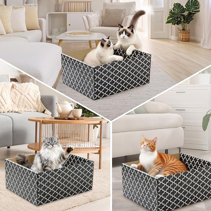 Cardboard Cat Scratcher Box with 3PCS Extra-Large Double-Sided Scratching Board, Heavy Duty Cat Scratcher Bed, Sturdy and Refillable, Ideal for Scratching and Sleeping, Premium House for Indoor Cats