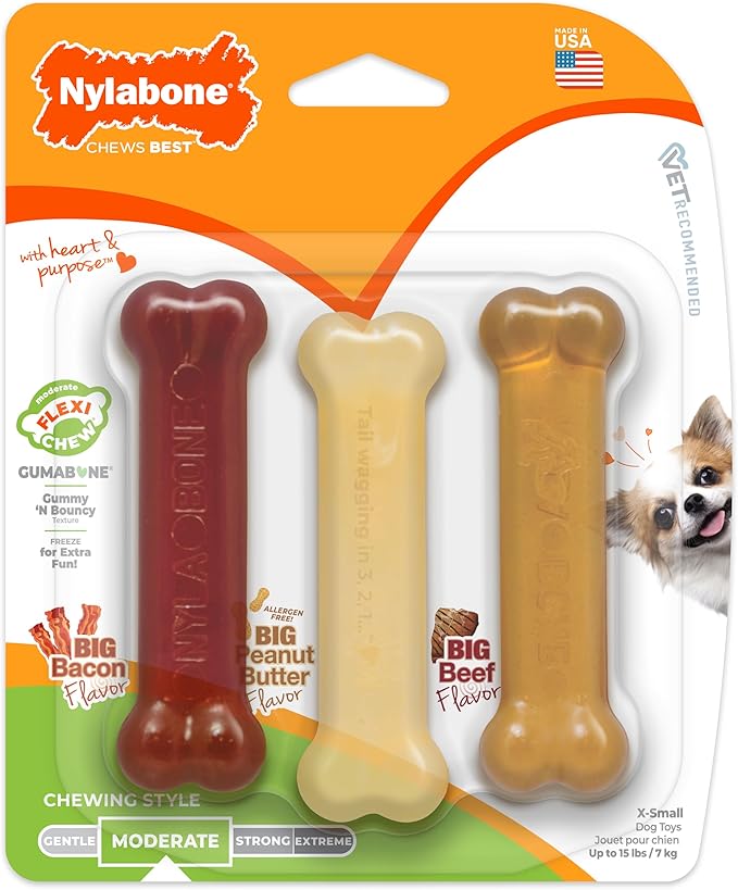 Nylabone Original Bone Flexi Chew Toy for Dogs, Dog Toys for Moderate Chewers, Value Pack, Long Lasting Bacon, Peanut Butter, & Beef Flavor, X-Small Dogs - Up to 15 lbs, 3 Pack