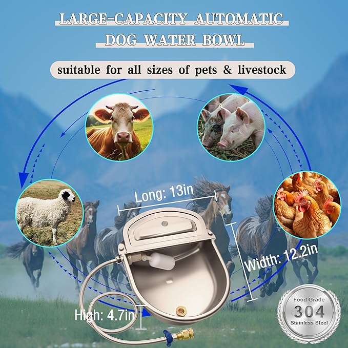 Automatic Dog Water Dispenser with Drain Hole & Drain Valve, Stainless Steel Auto Dog Water Bowl with 2 Float Valves, Hose Quick Connect Fitting, for Livestock, Chicken, Horse (3 Gallons)