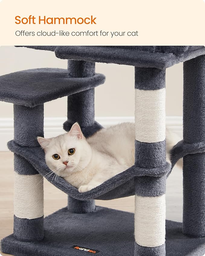Feandrea Cat Tree, 44.1-Inch Cat Tower, Plush Multi-Level Condo with 4 Scratching Posts, 2 Perches, Hammock, Cave, Smoky Gray UPCT261G01