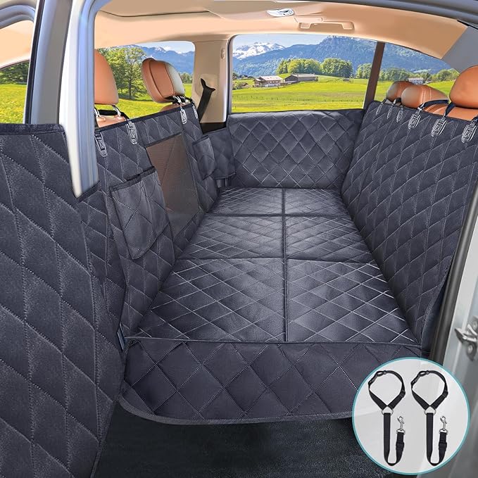 Back Seat Extender for Dogs + 2 Dog Seat Belts, Waterproof Heavy Duty Hard Bottom Car Seat Cover for Dogs with Door Protector Cover & Mesh Window | Dog Hammock for Car Pet Seat Protector for Car/Suv
