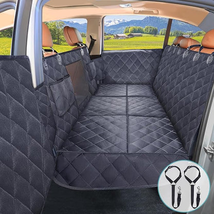 Back Seat Extender for Dogs + 2 Dog Seat Belts, Waterproof Heavy Duty Hard Bottom Car Seat Cover for Dogs with Door Protector Cover & Mesh Window | Dog Hammock for Car Pet Seat Protector for Car/Suv
