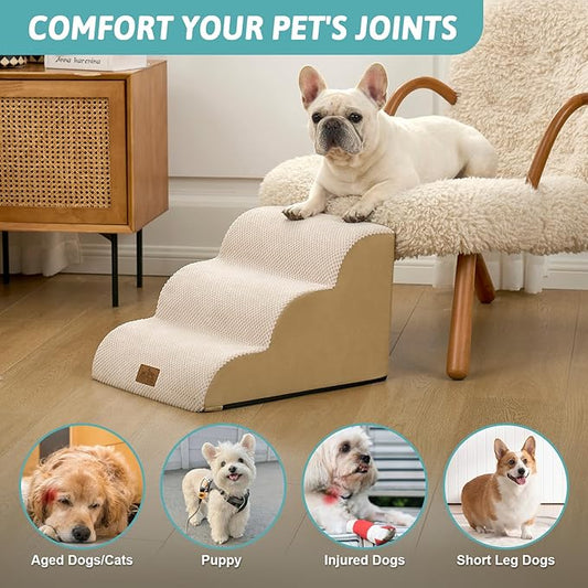 Dog Stairs for Small Dogs 13" H, 3-Step Slope Curved Dog Steps for Couch, Chair or Bed, Sturdy Pet Stairs for Puppy, Older Cat, Cat Ladder with High Density Foam, 15.7x20x13 inch, Beige
