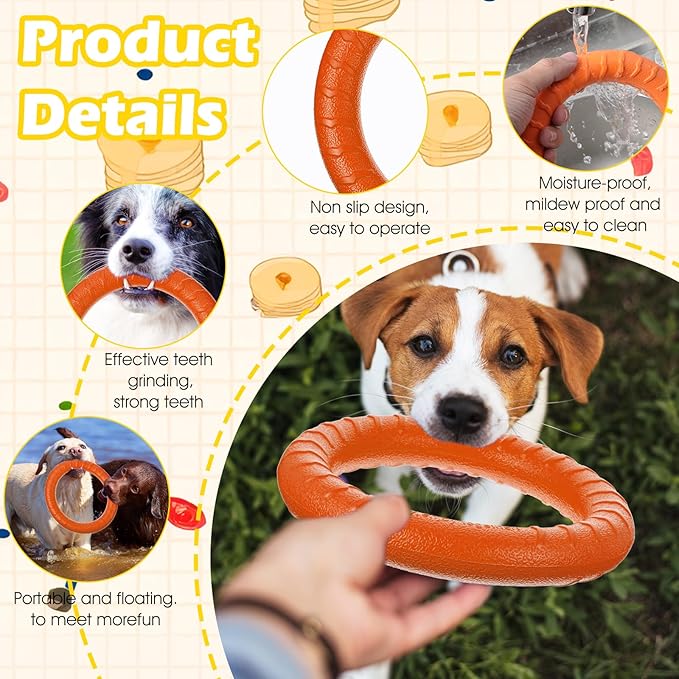 3 Pack Dog Training Rings – Durable EVA Chew Toys for Aggressive Chewers, Floating Fetch & Tug-of-War Toy for Small to Medium Dogs (7-Inch, Green/Orange/Yellow)
