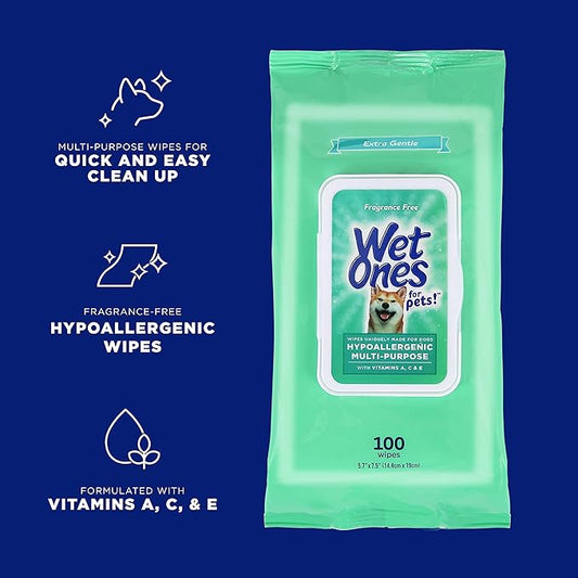 Wet Ones for Pets Hypoallergenic Multipurpose Dog Wipes with Vitamins A, C & E - No Fragrance Pet Wipes for Dogs with Wet Lock Seal, 100 Count