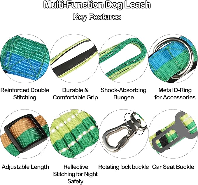 EVERKING 6-in-1 Hands-Free Dog Leash, Adjustable Elastic Reflective Nylon, Dual-Handle Shock Absorbing, 6 Feet, for Small to Large Dogs 30-150lbs (Tropical Wave)