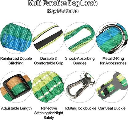 EVERKING 6-in-1 Hands-Free Dog Leash, Adjustable Elastic Reflective Nylon, Dual-Handle Shock Absorbing, 6 Feet, for Small to Large Dogs 30-150lbs (Tropical Wave)