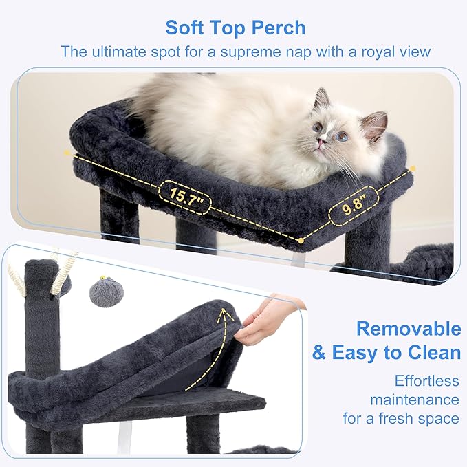 Heybly Cat Tree, 45.3-Inch Cat Tower for Indoor Cats with Large Perch, All-in-One Cat Furniture with Cozy Bed, Hidden Space Cat Condo, Comfy Hammock, Scratching Posts & 3 Pompoms, Smoky Gray HCT202SG