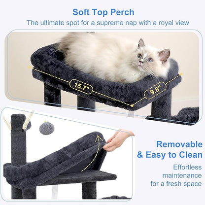 Heybly Cat Tree, 45.3-Inch Cat Tower for Indoor Cats with Large Perch, All-in-One Cat Furniture with Cozy Bed, Hidden Space Cat Condo, Comfy Hammock, Scratching Posts & 3 Pompoms, Smoky Gray HCT202SG