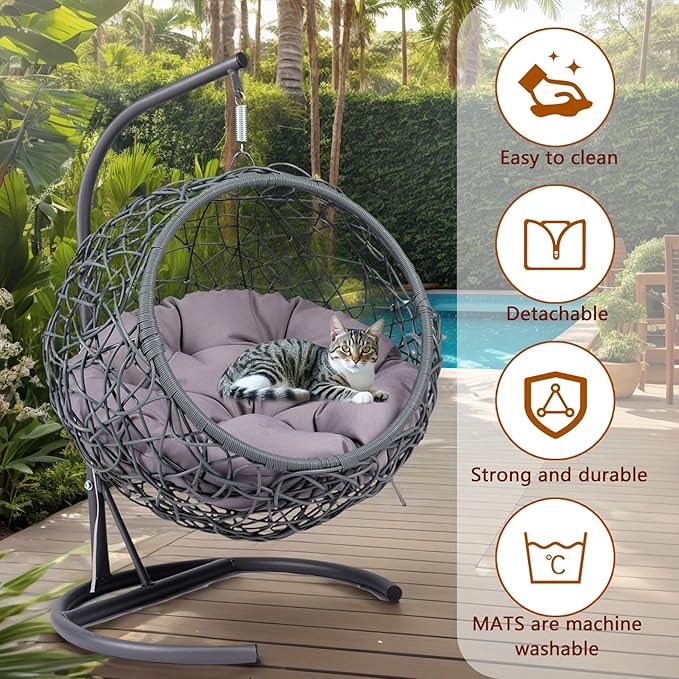 Cat Egg Chair with Stand & Cushion, Cat Swing Bed with Rattan Wicker Appearance, Hanging Chair for Indoor Cats Pet Kitten Puppy Small Dogs (Grey, 17.70 Inch)