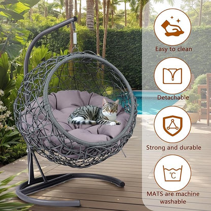 Cat Egg Chair with Stand & Cushion, Cat Swing Bed with Rattan Wicker Appearance, Hanging Chair for Indoor Cats Pet Kitten Puppy Small Dogs (Grey, 17.70 Inch)