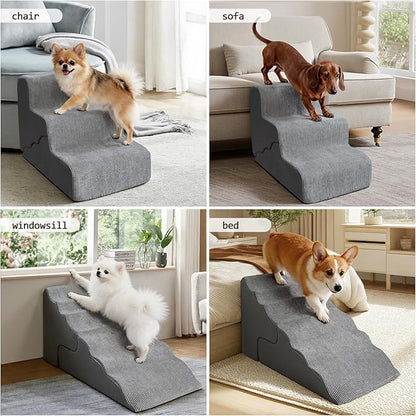 Pet Dog Stairs for Small Dogs, 2 in 1 Transformable 3-Step Pet Stairs and Wave Anti-Fall Slope for Short Legs and Long Legs Dog, for Couch (12-19 in) with Durable Non-Slip Waterproof Cover（Grey）