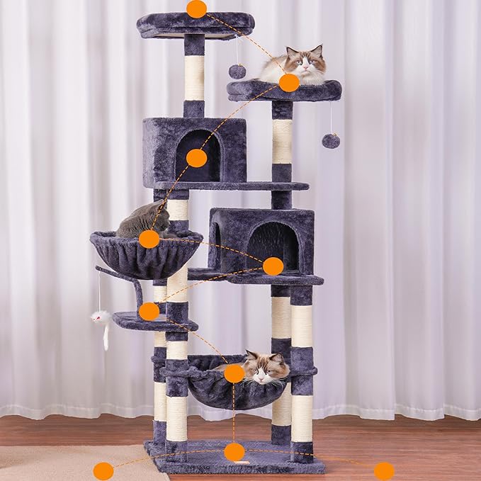 Heybly Cat Tree, 70 inches Tall Cat Tower Condo with Toy for Indoor Large Cats, Cat House Furniture with Padded Plush Perch, Cozy Hammock and Sisal Scratching Posts, Smoky Gray HCT032G