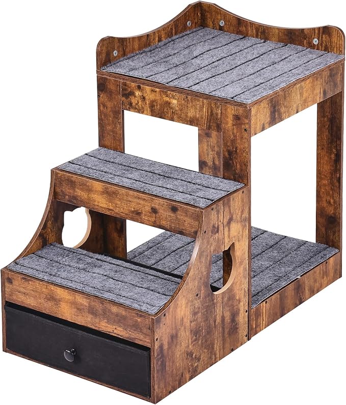 VEVOR Pet Bunk Bed with Removable Stairs, Dog/Cat Window Perch with Storage, Multi-Level Bed Window Perch Dog Bedside Sleeper Couch, Small Pet Seat Platform, Indoor Use (Rustic Brown)