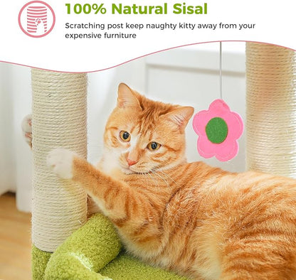 PEQULTI Cat Tree Flower Cat Tower for Indoor Cats with Private Cozy Cat Condo, Natural Sisal Scratching Posts and Plush Pom-pom for Small Cats, Pink