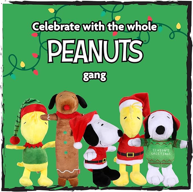 Peanuts for Pets 9 Inch Holiday Snoopy & Woodstock Big Head Plush Dog Toys with Squeaker | 2 Piece Squeaky Dog Toy Set, Santa Snoopy & Elf Woodstock Stuffed Plush Dog Toys