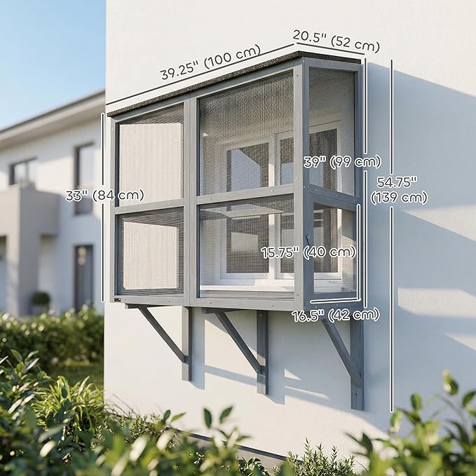 PawHut Cat Catio, Expandable Window Box Enclosure for Multiple Indoor Cats, Comfortable Wooden Pet Perch House, All Weather Use, with 2 Doors, for Sunbathing, Napping, Overlooking, 39" L