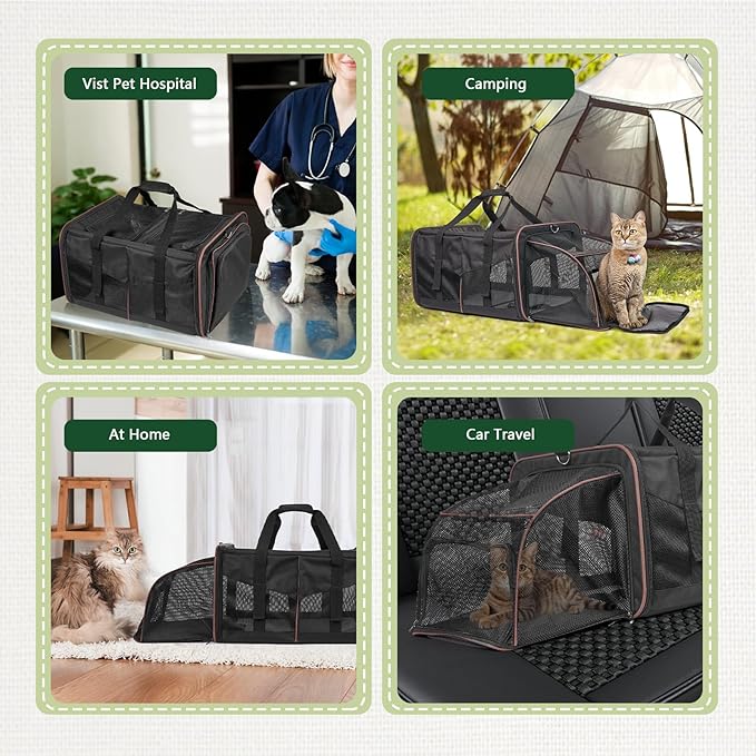 Expandable Cat Carrier for 2 Cats, Double Compartment Large Pet Carrier for Long Distance Car Travel, Includes 2 Portable Litter Boxes, Foldable Multi-Cat Travel for Road Trips & Camping, Black