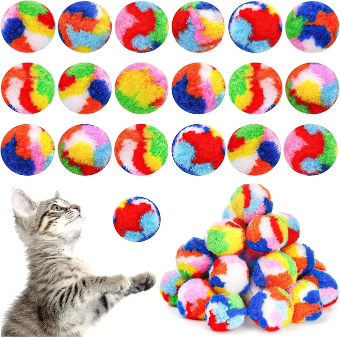 Nicunom 60 PCS Cat Pom Pom Balls, 1.7Inch Rainbow Cat Toy Balls, Soft Plush Cat Ball Fuzzy Kitty Balls Colorful Kitten Puff Ball for Pet Kitten Interactive Playing Exercising Chasing
