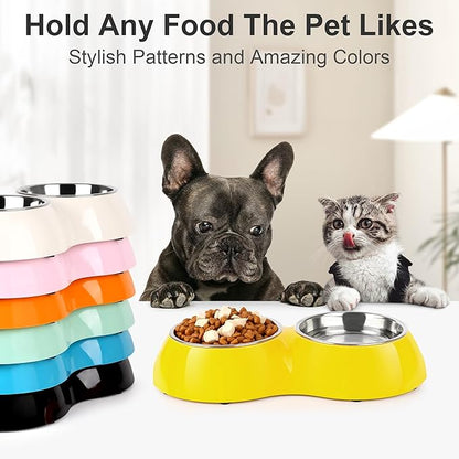 Stainless Steel Dog Bowls Set – Dual Non-Slip Pet Dishes with 2 Small (4oz*2) Bowls & Durable Resin Stand,Food & Water Feeder for Puppies, Kittens, and Small Breed Dogs – Yellow