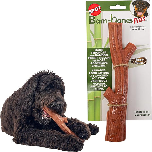 SPOT Bam-Bones Plus Branch -Bamboo Fiber & Nylon, Durable Long Lasting Dog Chew for Aggressive Chewers – Great Toy for Adult Dogs & Teething Puppies Under 90lbs, Non-Splintering, 9.5in, Beef Flavor