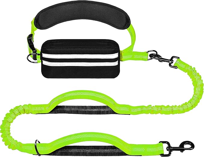 Hands Free Dog Leash with Zipper Pouch, Running Waist Leash for Dog Walking, Adjustable Waist Belt for Large Dogs, Reflective Bungee Design with Two Handle for Hiking, Training, Neon Green