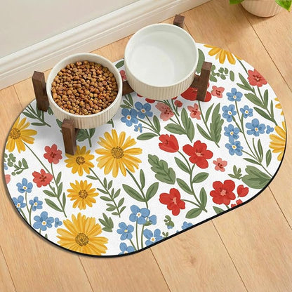 Absorbent Cat Mats for Food and Water 24''x16'', Non-Slip Rubber Mat for Cats Bowls, Easy Store Pet Food Placemat, Mats for Under Cats Food Bowls, Fit with Kitchen, Living Room, White Floral