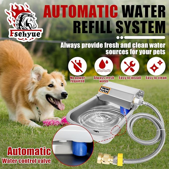 Automatic Dog Water Dispenser 1 Gal/3.8L Outdoor Dog Water Bowl Auto-Fill Water Feeder Stainless Steel Large Livestock Waterer Fit 3/4" GHT Faucet Wide Mouth Wall/Ground Mount