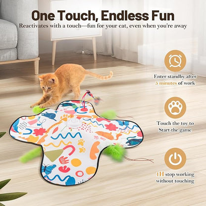 Interactive Cat Toys, Automatic Hide and Seek Cat Toys for Indoor Cats with 4 Lifelike Sounds, Touch Activated, Motorized Wand Feather, and Moving Butterfly for Bored Adult Kitten Cats