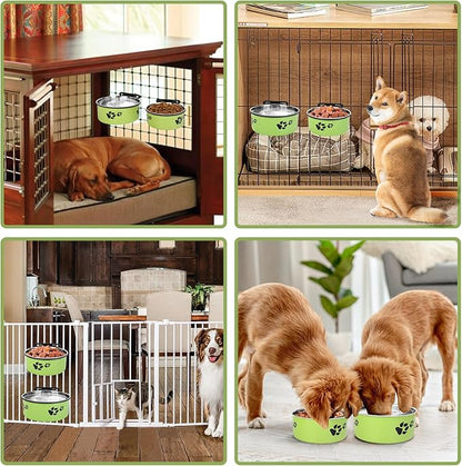 Dog Crate Bowls, ShineMe Stainless Steel Dog Kennel Bowls for Crates, Spill Proof Dogs Dishes that Attach to Crate Kennel Cage for Small Medium Size Dogs Cats, Set of 2, Green (6.2x2.6” & 5.5x2.4”)