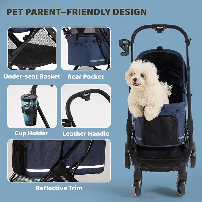 All-Terrain Dog Stroller for Small to Medium Dogs, Pet Stroller for Dogs & Cats Outdoor Walks, One-Hand Easy Fold, Double-Layer Anti-UV & Waterproof Canopy & Breathable Mesh, Midnight Blue