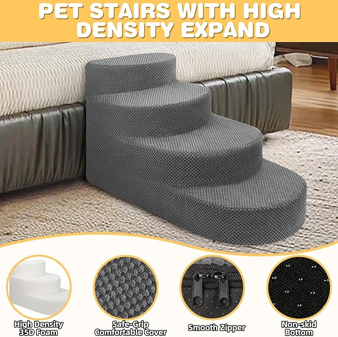 Dog Stairs for Small Dogs, Foam Steps for Small Dogs & Cats, 4 Steps Dog Ramp for High Beds, Couch, Window, Sofa, Pet Stairs with Removable Washable Cover, Non-Slip Sturdy Pet Steps, Gray