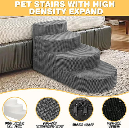Dog Stairs for Small Dogs, Foam Steps for Small Dogs & Cats, 4 Steps Dog Ramp for High Beds, Couch, Window, Sofa, Pet Stairs with Removable Washable Cover, Non-Slip Sturdy Pet Steps, Gray