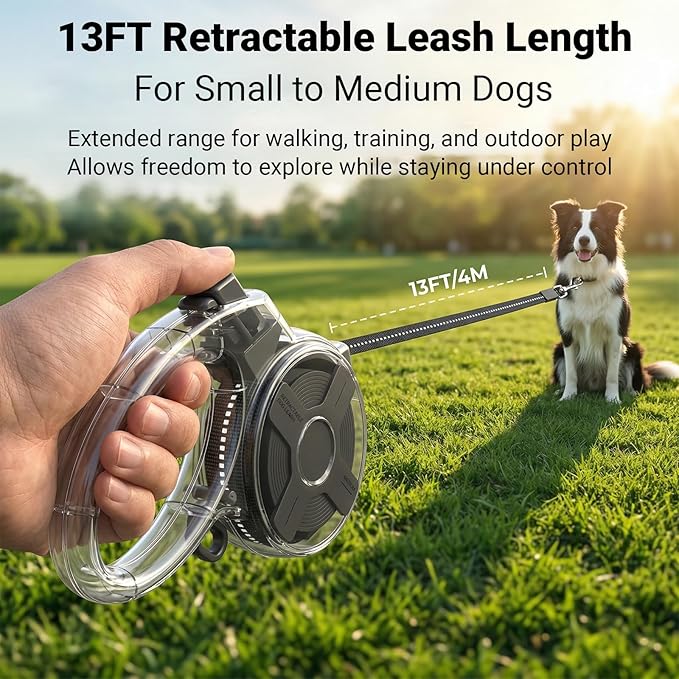 Retractable Dog Leash for Small Dogs, 13ft Reflective Retractable Leash with 360° Tangle-Free Design, Heavy Duty Nylon Tape Lead for Small to Medium Pets up to 50 lbs One-Handed Brake & Lock