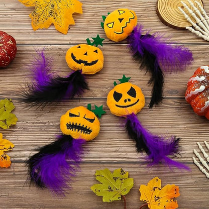 Halloween Cat Toys 4 PCS,Pumpkin Feather Cat Toys,Funny Spooky Kitten Interactive Plush Chew Toys for Halloween Thanksgiving Christmas Party Cat Teeth Cleaning Accessories