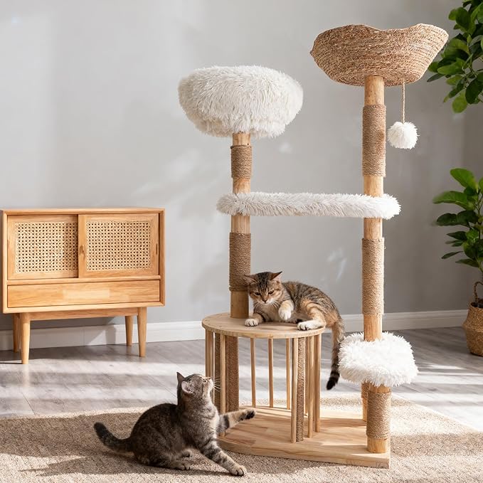 51" Modern Cat Tree Tower for Indoor Cats, Natural Solid Wooden Cat Tower with Sisal Scratching Post, Luxury Cat Furniture with Hand-Woven Natural Rattan Nest for Multi-Cat Households