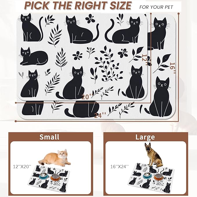Cute Black Flower Dog Cat Food Mat,Absorbent Pet Feeding Mat with Rubber Backing,Non-Slip Water Bowl Placemat,Indoor Pet Accessories Supplies 12"x20"