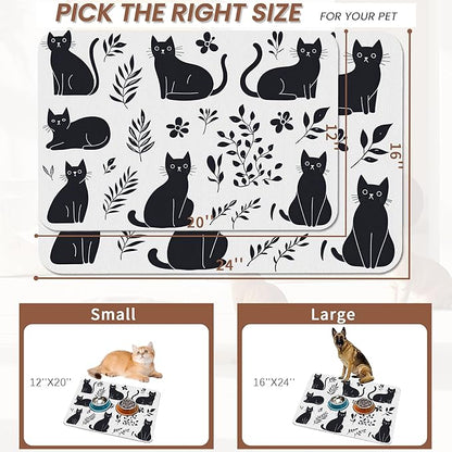 Cute Black Flower Dog Cat Food Mat,Absorbent Pet Feeding Mat with Rubber Backing,Non-Slip Water Bowl Placemat,Indoor Pet Accessories Supplies 12"x20"