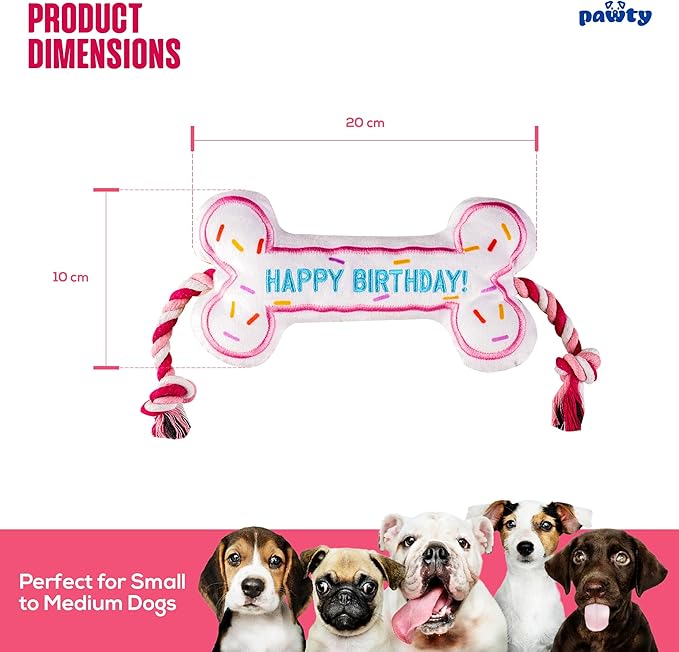 PAWTY Birthday Bone Dog Toy - Funny Interactive Tug Rope Squeaky Dog Birthday Gift - Plush Pink Bone Toy for Small Medium Dogs - Dog Birthday Party Supplies