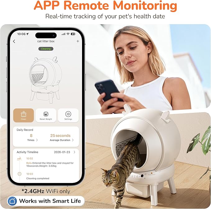 Automatic Self Cleaning Litter Box, Cat Litter Box with APP Control, 65L Globe & Dual Safety Sensors, Robot Litter Box, 1 Roll Garbage Bags and Litter Mat, <35DB, for Multiple Cats, White