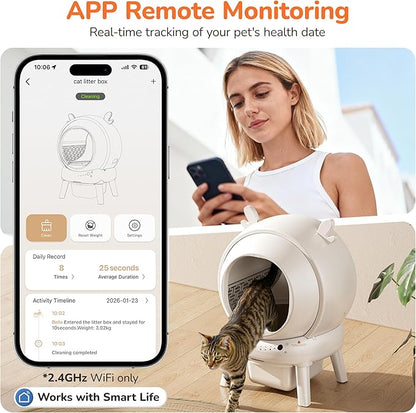 Automatic Self Cleaning Litter Box, Cat Litter Box with APP Control, 65L Globe & Dual Safety Sensors, Robot Litter Box, 1 Roll Garbage Bags and Litter Mat, <35DB, for Multiple Cats, White