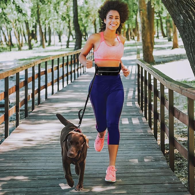 Hands Free Dog Leash - Waist Running Leashes with Zipper Pouch, Adjustable Reflective Waist Belt, Dualc Handle Retractable Bungee for Small Medium Large Dogs Walking Jogging (Black 4.1-7.2ft)
