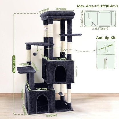 Globlazer Cat Tower for Indoor Cats, Heavy Duty Cat Trees for Large Adult Big Cats Maine Coon Cat Tree Tower with Scratching Post, Extra Large Top Perch, Cat Condos, F61, Dark Grey, 61inch