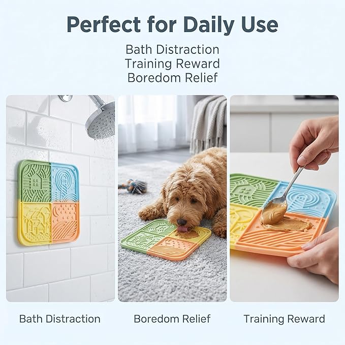 Dog Lick Mat with Suction Cups, 4-Texture Enrichment Slow Feeder for Dogs & Cats, Non-Slip Silicone Licking Pad for Anxiety Relief, Bathing & Training (Colorful)