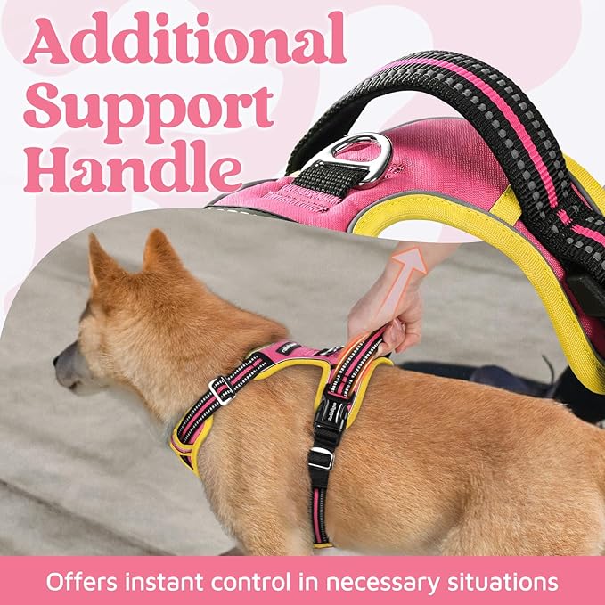 rabbitgoo Dog Harness Small Sized, No Pull Dog Vest with 3 Buckles, Adjustable Soft Padded Pet Harness with Easy Control Handle and Reflective Strips, Pink & Yellow, S